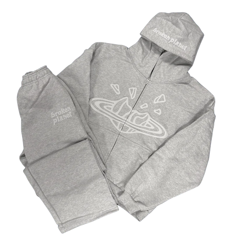 BROKEN PLANET ASH HEATHER GREY ZIP UP TRACKSUIT